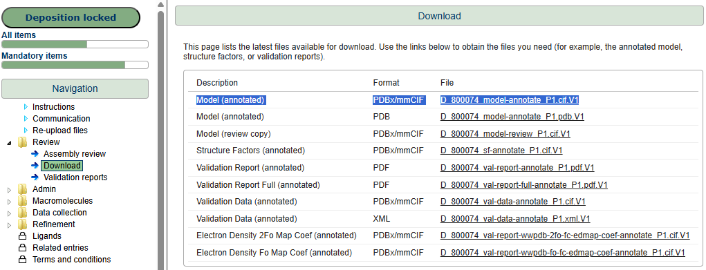Download page in the OneDep deposition interface